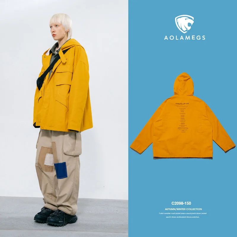 

Aolamegs Jackets Men Solid Color Hooded Jacket Tracksuit Funny Letter Print Casual Style Coats Youth Cargo Windbreaker Autumn