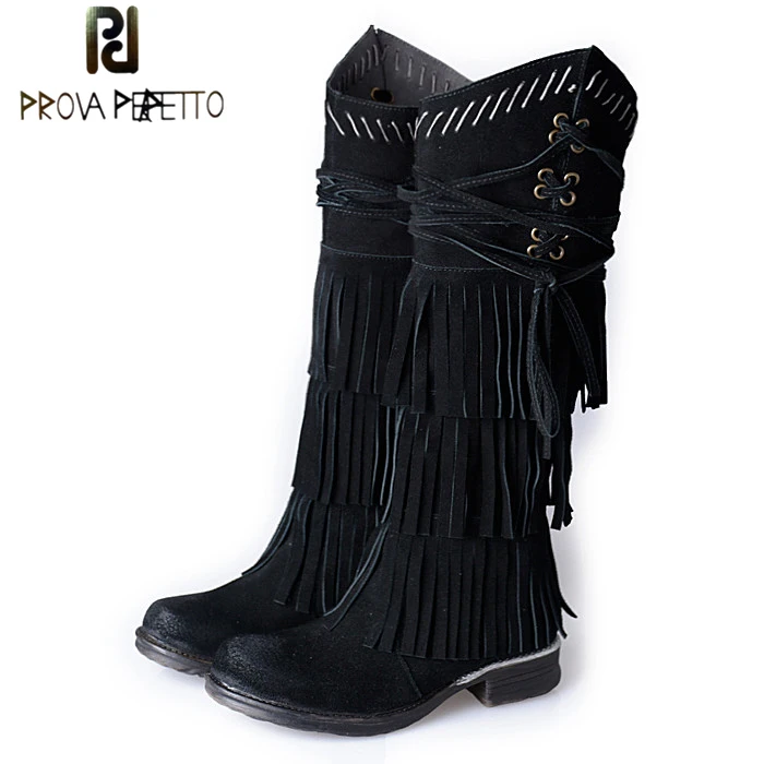 Prova Perfetto Suede Leather Women Knee High Boots Full Fringed High Boots Female Platform Flat Botas Tassels Winter Martin Boot Prova Perfetto Suede Leather Women Knee High Boots Full Fringed High Boots Female Platform Flat Botas Tassels Winter Martin Boot