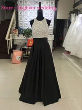 Neue Ankunft Schwarz mit Silber Perlen Kristall Abendkleid 2016 Sexy Backless Bodenlangen Maß Abendkleid Real Photo
