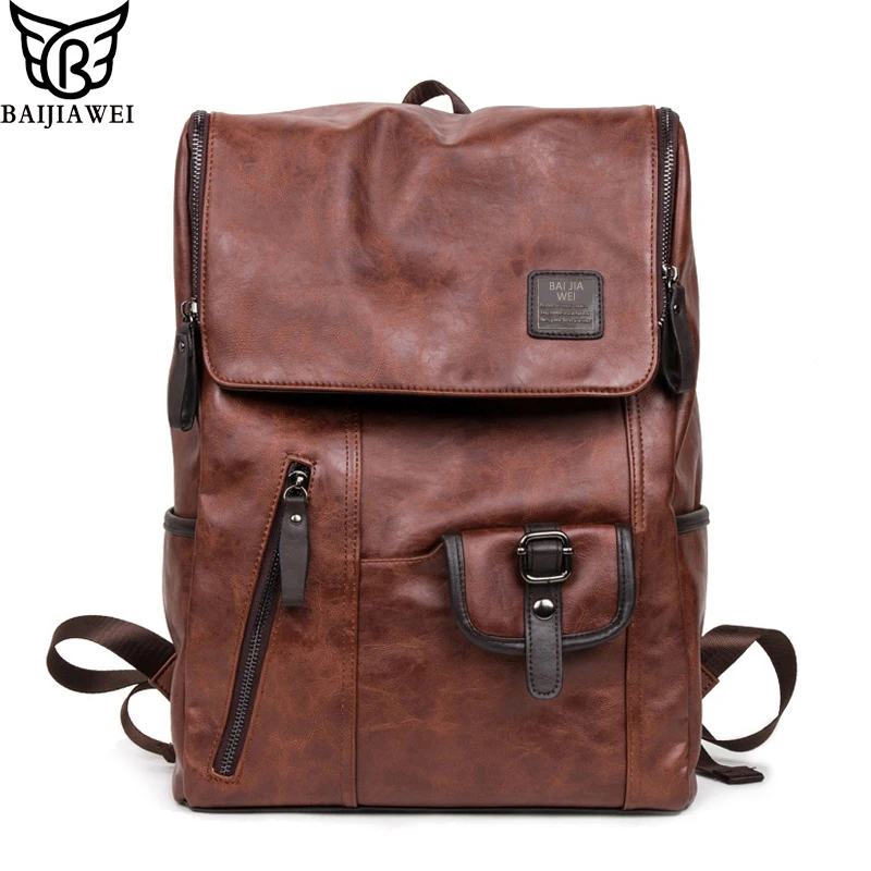 

BAIJIAWEI 2017 New Oil Wax Leather Backpacks Western Style Mix Cow Leather Bag For Men Travel Mochila Zip Casual Backpack
