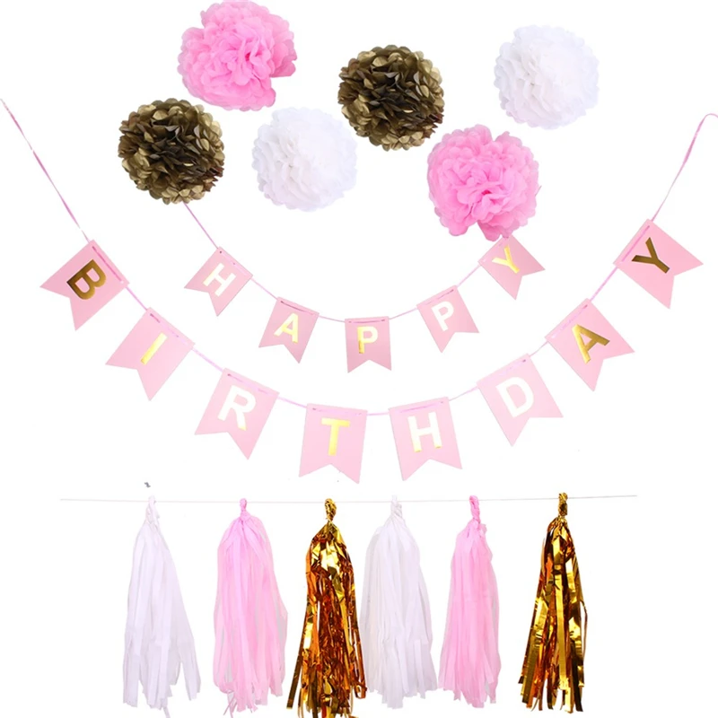 Happy Birthday Banner Gold Tassel Garland Pompom Kids Birthday Party Decorative Supplies Party Festival Decorations Party Favors (4)