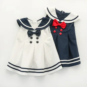 

Sailor Style Toddler Girls Dress Summer Knee Length Sleeveless Pleated Striped Bow Dress Kids Dresses for Girls Children Clothes