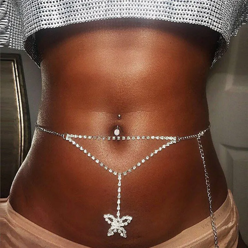 

Sexy Bling Crystal Rhinestones Body Jewelry Butterfly Knot Simple Waist Belly Chains Summer Beach Women Body Chain Accessories