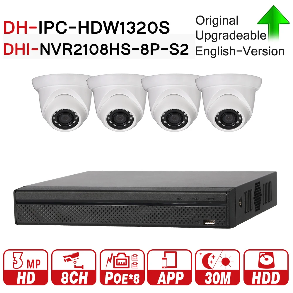 

DH Security Camera Kit With NVR2108HS-8P-S2 IP Camera IPC-HDW1320S P2P Surveillance CCTV System Easy Install Support Update