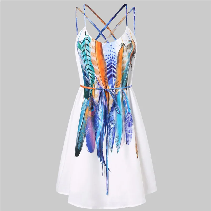 2018 Summer Dress Women Sexy Beach Bandage Printed Feathers Dress Backless Party Dress Sleeveless Vestidos Wholesale #FJ11 (2)