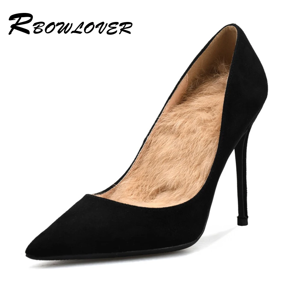 

RBOWLOVER Hot Sale Women High Quality Pumps with Long Fur Inside Close Pointed Toe Thin High Heels Casual Shoes Big Size 34-43