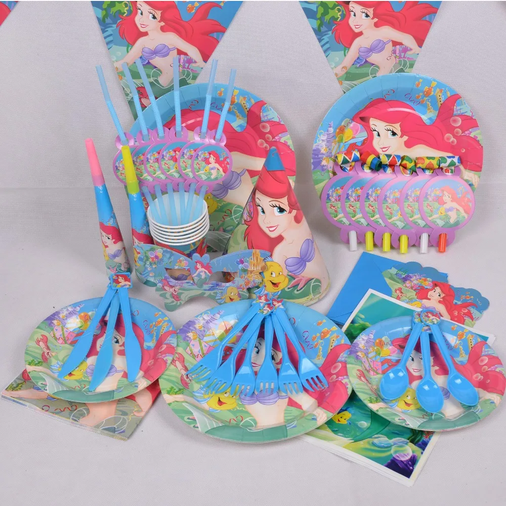 Ensemble Decoratif Avec Motif Sirene Ariel Accessoires De Luxe Pour Fete D Anniversaire Pour Enfants Paquet De Gobelets Nappe 90 Pieces Ensemble Aliexpress