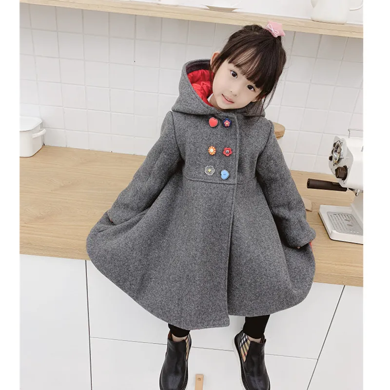 

Baby winter coat cotton padded solid gray color floral button hooded baby girls outwear coat