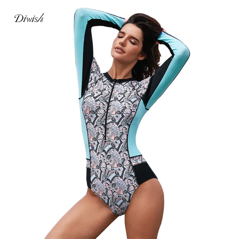 

Diwish Women One Piece Swimsuit 2019 Long Sleeves Patchwork Floral Print Monokini Zipper Padded Bathing Suit Modest Swimwear