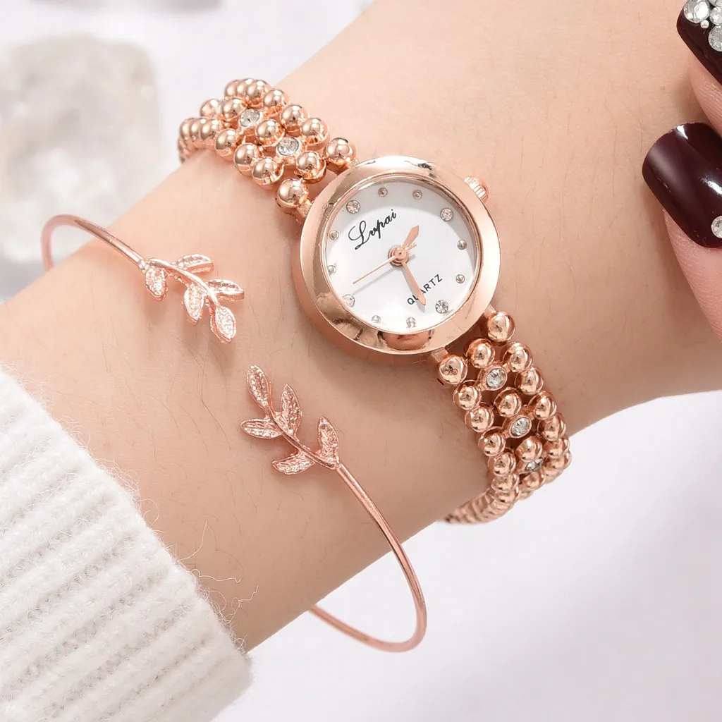 

2pcs/Set Women Wristwatch Luxury Fashion Diamond Beaded Chain Temperament Leaves woman watches womens watch and bracelet set