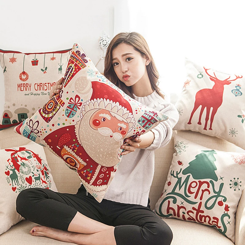 

Happy New Year Gift Christmas Tree Pillow Cases Stug Snow Cushion Covers 45X45cm Flower and Birds Decor Sleigh Ride Seat Covers