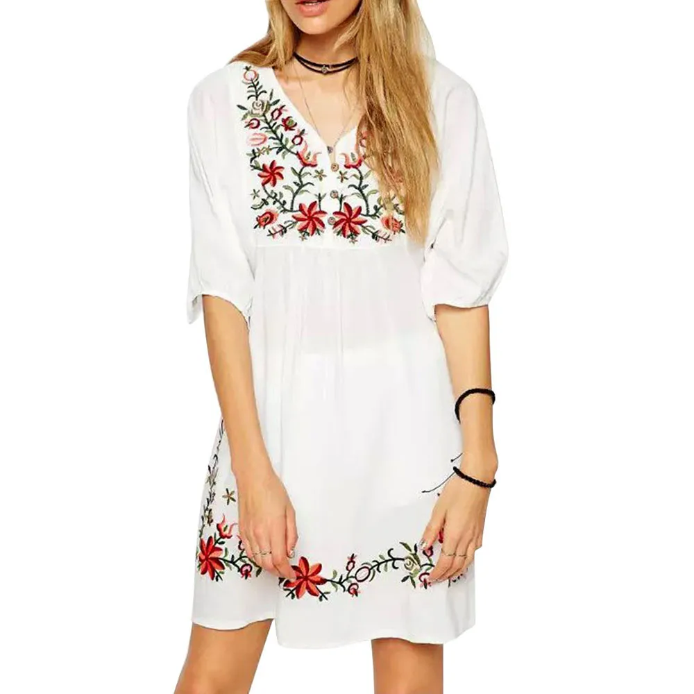 

2019 Hot Sale Vintage 70s Women Mexican Ethnic Embroidered Peasant Hippie Blouse Gypsy Boho Mini Dress Drop Shipping платье #2