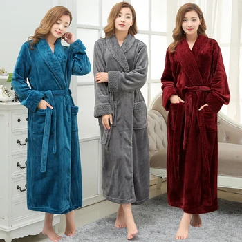 Lovers Long Warm Coral Fleece Winter Bathrobe Women Men Soft Flannel Full Sleeve Kimono Bath Robe