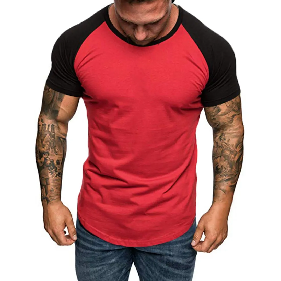 

Adisputent Summer mens patchwork short t shirt slim sports Basic top tee Raglan sleeve t shirt camiseta hombre plus size