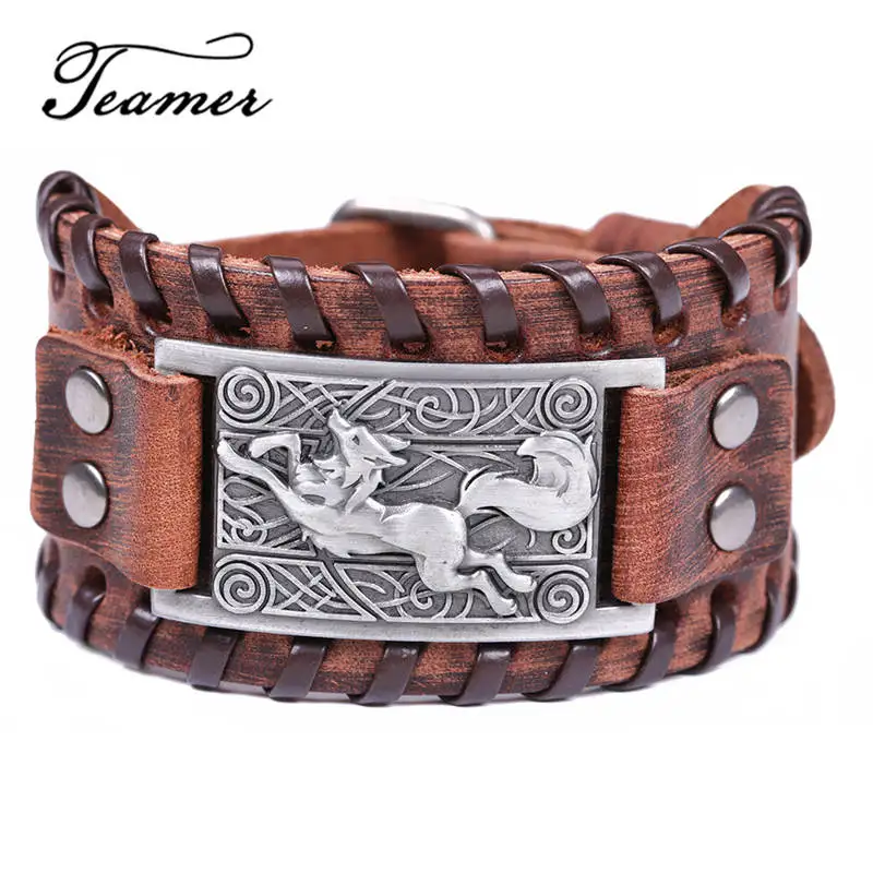 

Teamer Fox Heraldry Amulet Badge Viking Bracelet Brown Wide Braid Leather Bracelets Antique Silver Bronze Wristband Jewelry