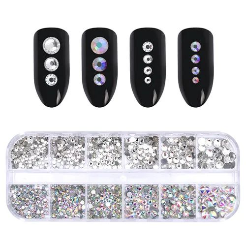 1 Box AB Color Nail Art Rhinestone Gold Silver Clear Flat Bottom Multi-size Dried Flowers Manicure DIY Nail Art 3D Decoration - Color: pattern1