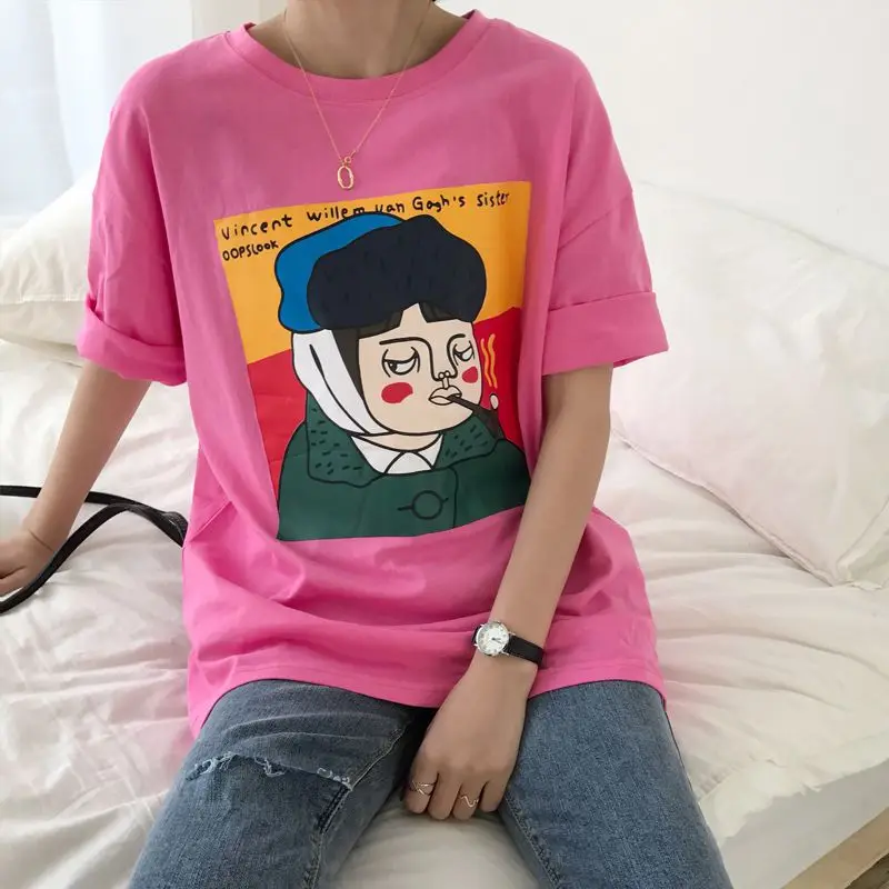 

Women Summer Cartoon Print Casual Wild T-Shirt Round Collar Loose Short Sleeve T shirt