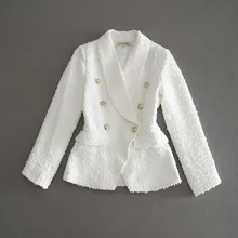 High quality new fashion white woven fabric shawl collar Slim metal button long sleeve women's jacket