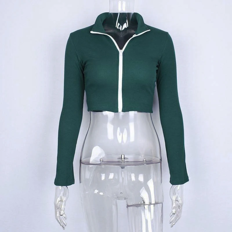 2019 Spring Autumn Zip Up Long Sleeve Crop Tops Sexy Women Casual Leotard Short T-Shirt Woman Fashion Streetwear Leisure Shirt