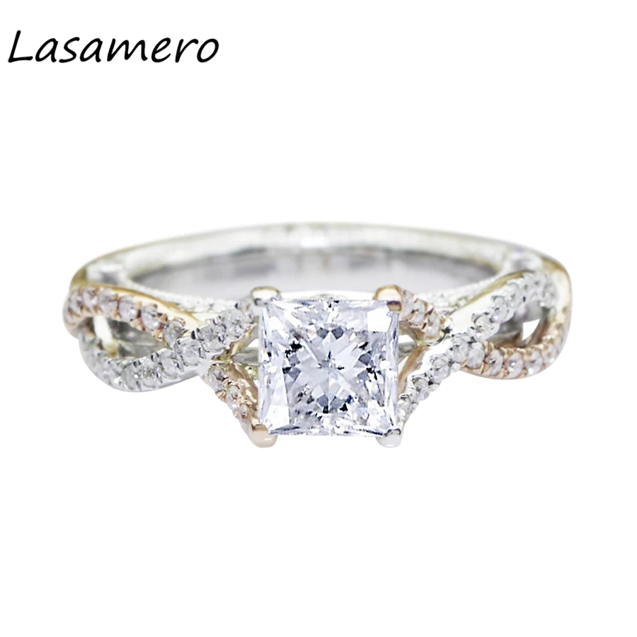 

LASAMERO Princess Cut 5.5mm Moissanites Lab Grown Diamond Split Cross Band Accents 14k White Gold Wedding Engagement Ring