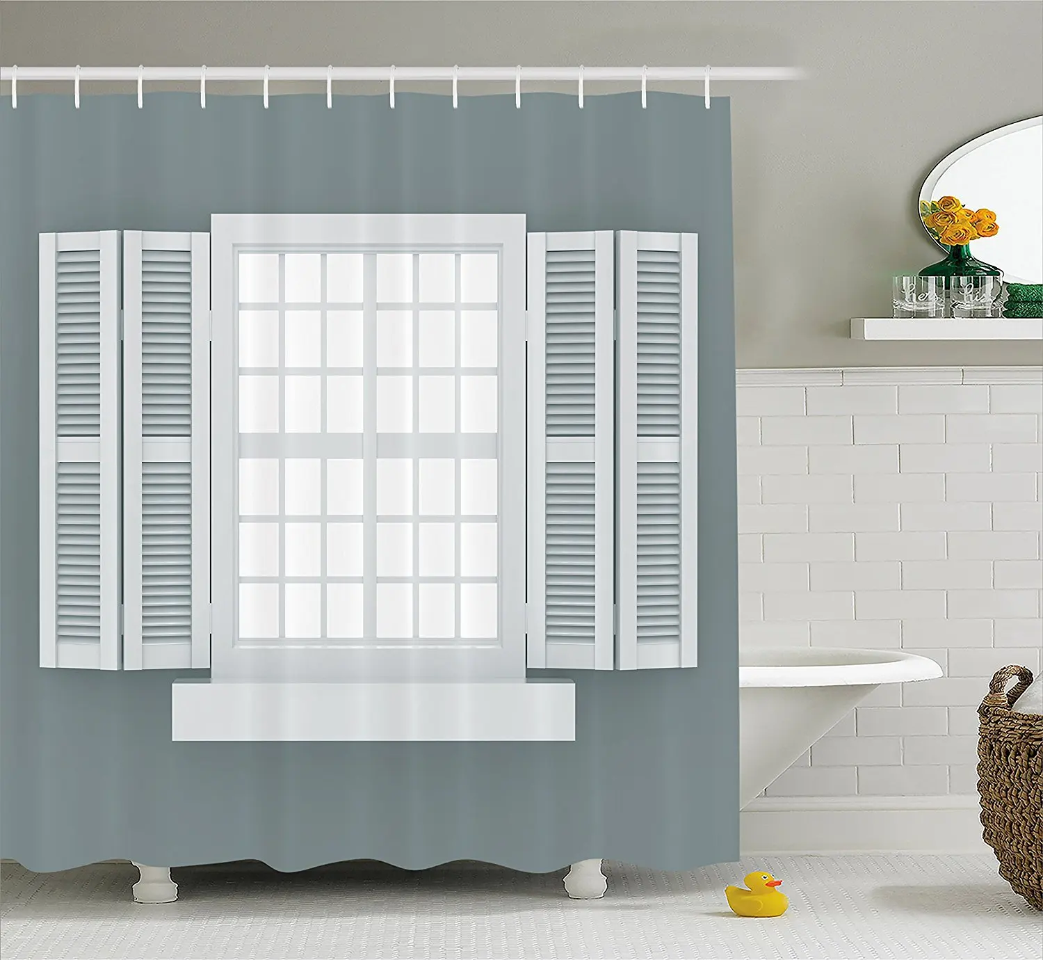Shutter Decor Shower Curtain Graphic of Wooden Window Shutters