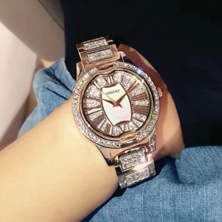 

2018 Top Quality Women Watches Luxury Steel Full Rhinestone Wristwatch big dial Lady Crystal Dress Watches Female Quartz Watch