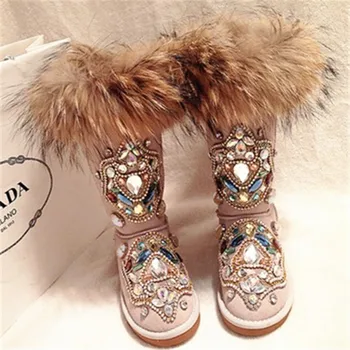 

EMMA KING Luxurious Crystal Rhinestone Studded Fur Snow Boots Warm Fox Fur Flat With Winter Shoes Women Slip-On Casual Boots