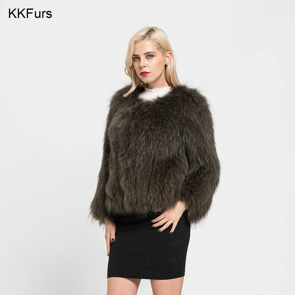 Женская вязаная куртка JKKFURS из натурального меха енота на весну осень и зиму S7105