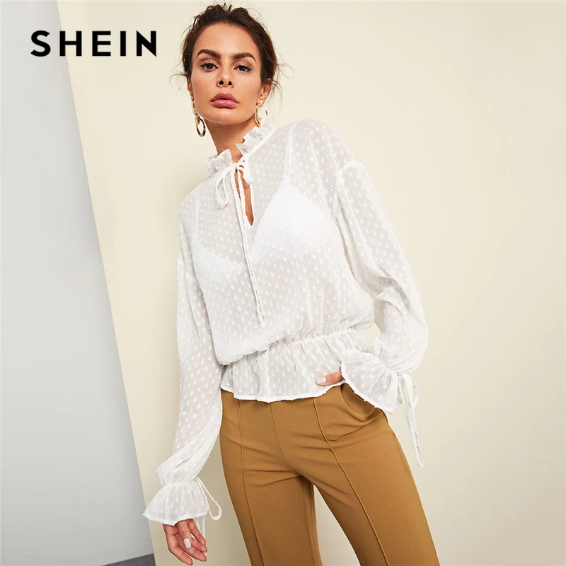Meilleur SHEIN Blanc Élégant Bureau Dame Cravate Cou Volant Semi transparents Jacquard Minimaliste Chemise À Volants Automne Femmes Tops Et Blouses