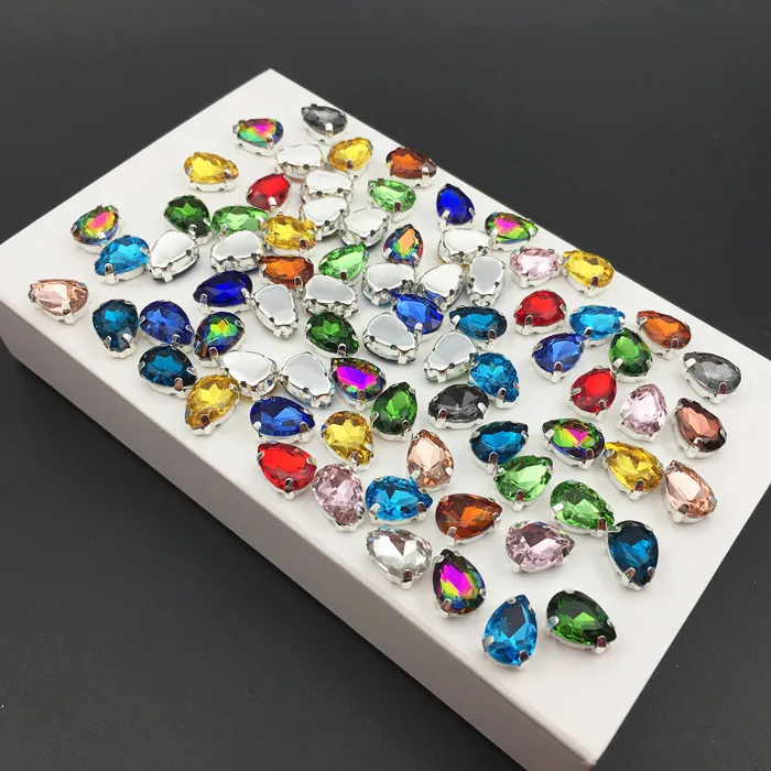 

7x10mm Mix Colors Droplet Sewing On Glass Crystal Fancy Rhinestones In Silver Claw Setting Stones For Wedding Dress
