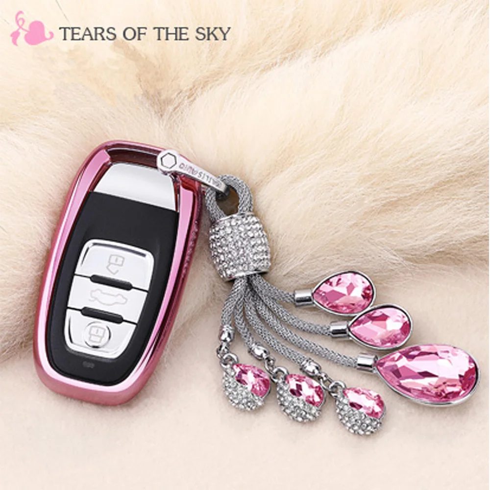 

Metal snap Braided Leather Rope keychain TPU Soft smart car key shell case cover For Audi A4 S4 B7 B8 A6 A5 A7 A8 Q5 S5 S6 Q7