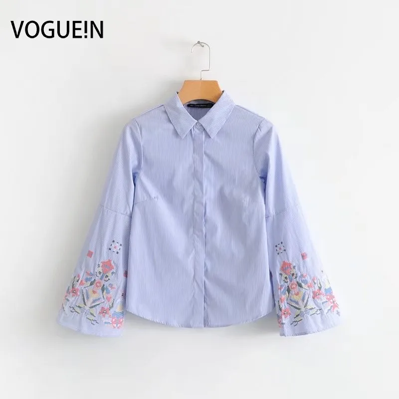 

VOGUEIN Womens Blue Floral Embroidered Trumpet Sleeve Button Down Shirt Blouse Tops Wholesale