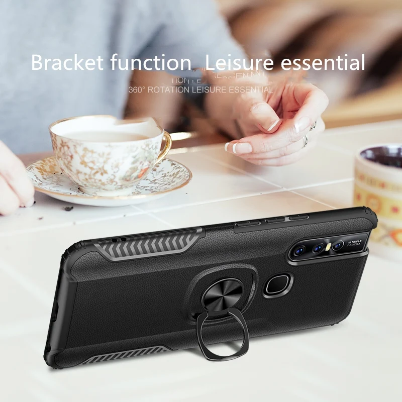 For VIVO V15 Pro Case Skin Texture Metal Ring Silicone Car Stand Back Cover for VIVO V15 Case Armor Hard PC Fundas Car Holder