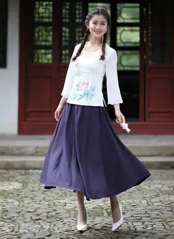 

New Arrival White Chinese Women's Shirt Skirts Sets Cotton Linen Tang Suit Clothing Size S M L XL XXL XXXL 2616-1A