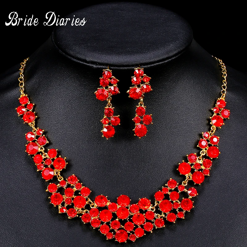 Bride Diaries Red Crystal Bridal Jewelry Sets For Women Silver Color