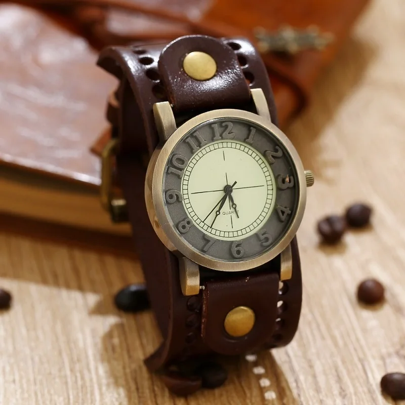GNOVA Top Quality Genuine Leather Bracelet Watch Women Mens Wristwatch Retro Vintage Fashion Geneva Style