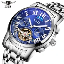 LIGE Mens Moon Phase Tourbillon Mechanical Watches Men Top Brand Luxury Full Steel Dive Watch Man
