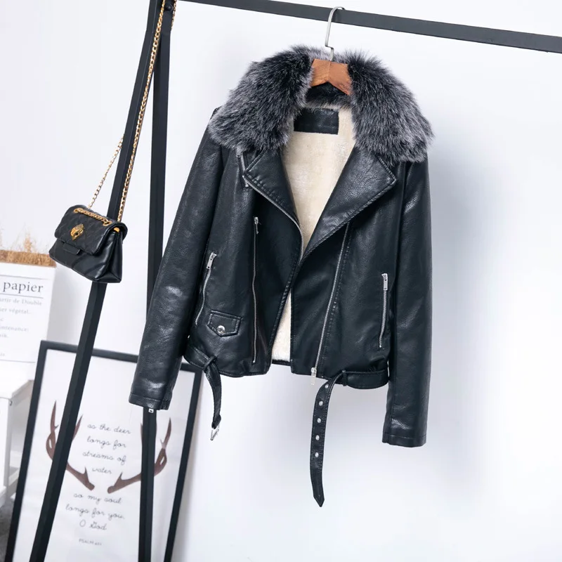 Зимний женский съемный меховой воротник теплая кожаная куртка Женская Студенческая искусственная кожа пальто овечья шерсть лайнер пояс Свободное пальто