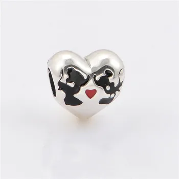 

New Fashion Minnie and Mickey Kiss beads 925 Sterling Silver Heart Charms Fit Original Brand Charms Bracelet jewelry LW474