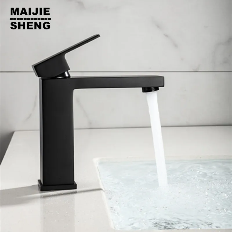 

Matte black square black basin faucet black sink tap hot and cold black mixer bathroom black tap