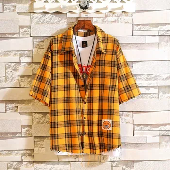 

#0129 Summer Hip Hop Shirt Men Streetwear Plaid Shirt Men Short Sleeves Cotton Loose Casual Plus Size Male Shirt Patchwork