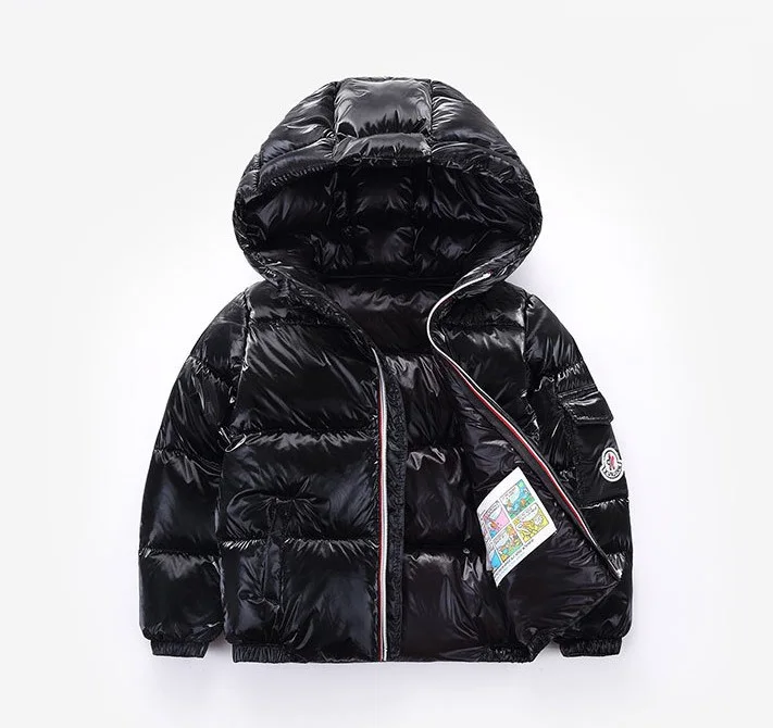 Новая детская куртка для маленьких мальчиков и девочек пуховое пальто с капюшоном thickening утепленная куртка зимняя одежда детское пальто парка водонепроницаемая - Цвет: Черный
