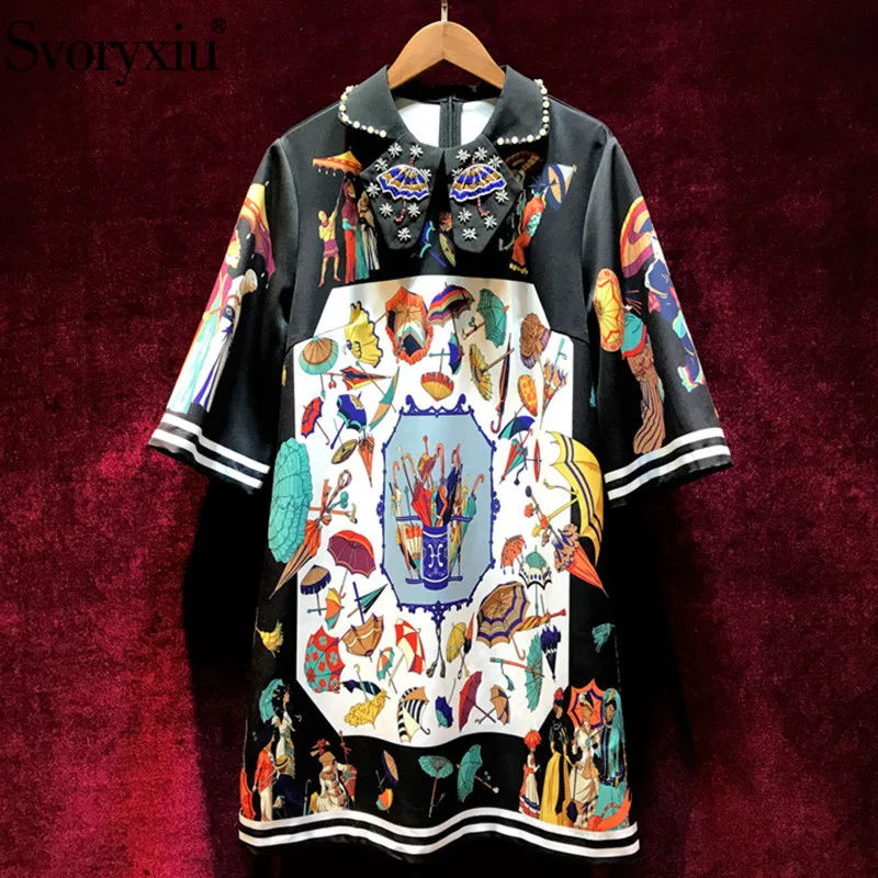 

Svoryxiu 2019 Women's Summer Runway Vintage Black Short Dress Elegant Half Sleeve umbrella Printed luxury Party Beading Dresses