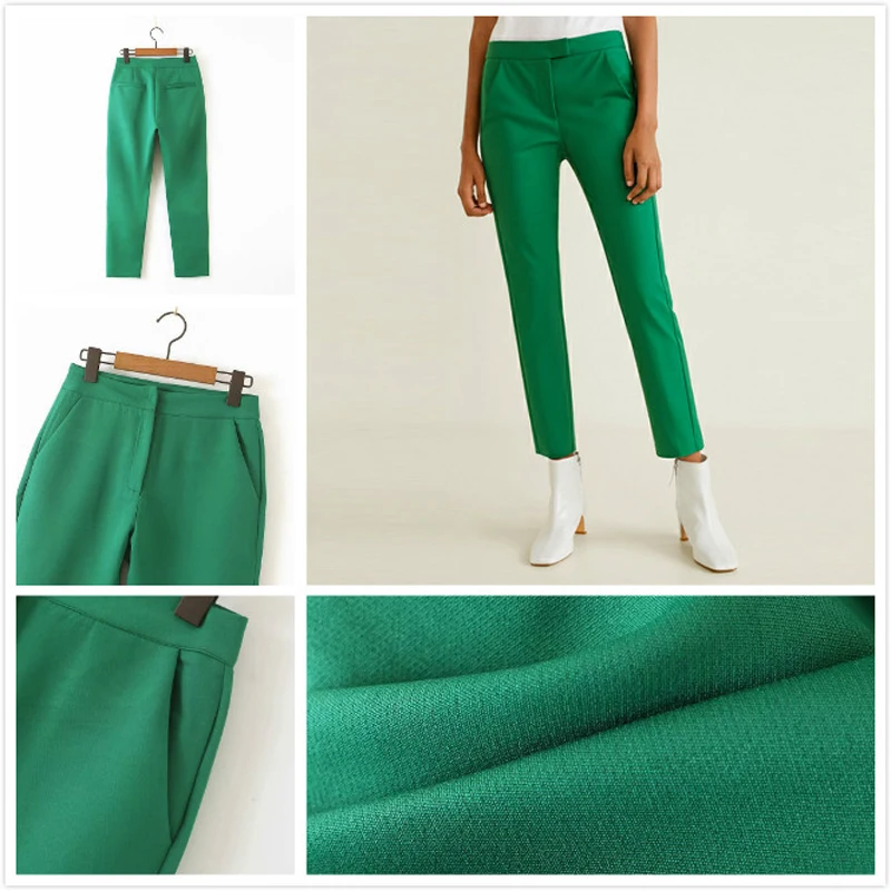 2019 Work Pant Suits Green 2 Piece Set for Women Single Breasted Slim Short Blazer Jacket & Trouser Office Ladies Suit Feminino