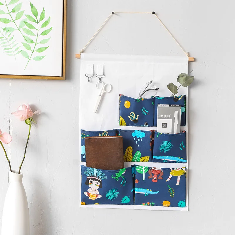 

Cotton Linen Hanging Storage Bag 3/7 Pockets Wall Mounted Wardrobe Hanging Bag Wall Pouch Cosmetic Toys Organizer multi Colors
