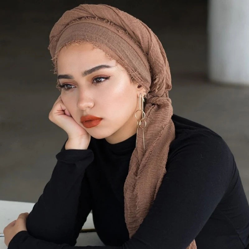 Зимний однотонный мусульманский женский хиджаб шарф из хлопка и льна шаль Crinkle Femme Musulman платок Арабский исламский тюрбан