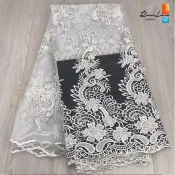 

New Fabshion White Colour Special Embroidered Rhinestones Mesh Lace Fabric For African Women Dress With Beaded Stones Net Laces