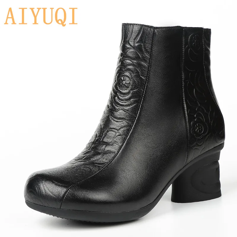 Boots women 2019 new spring retro embossed genuine leather women's boots national style high heel ankle boots women