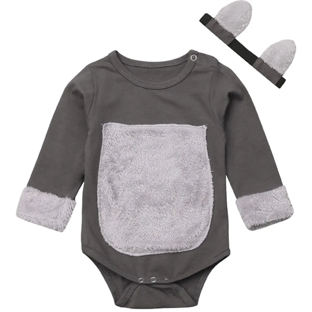 

Kids Baby Girl Warm Wool Patchwork Long Sleeve Bodysuit Jumpsuit Cute Ear Headband Outfit Party Clothes