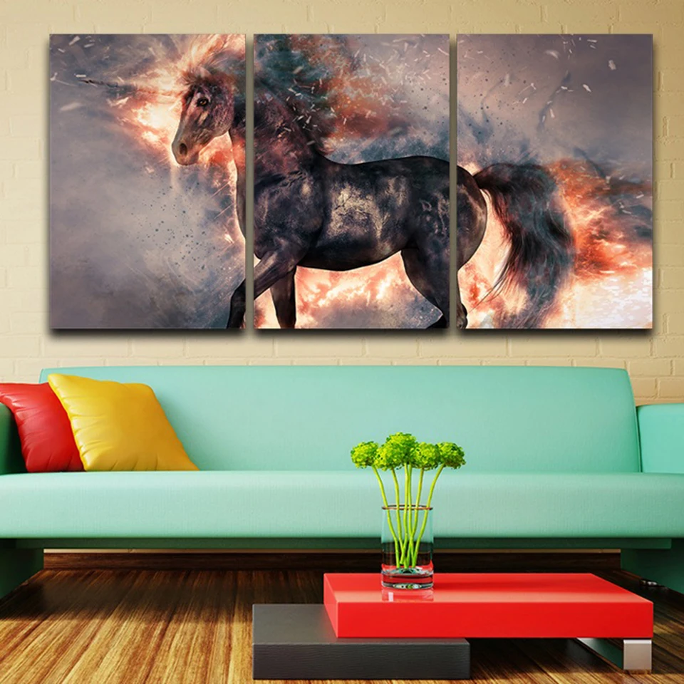 Home Decor Modular Picture Wall Art Posters 3 Panel Animal Abstract Fire Horse Living Room Hd Printed Canvas Painting Frameworks Painting Calligraphy Aliexpress